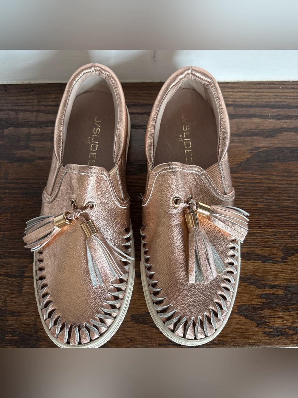 J/Slides Rose Gold Aztec Tassel Slip On Sneakers Comfort Shoes size 5.5M